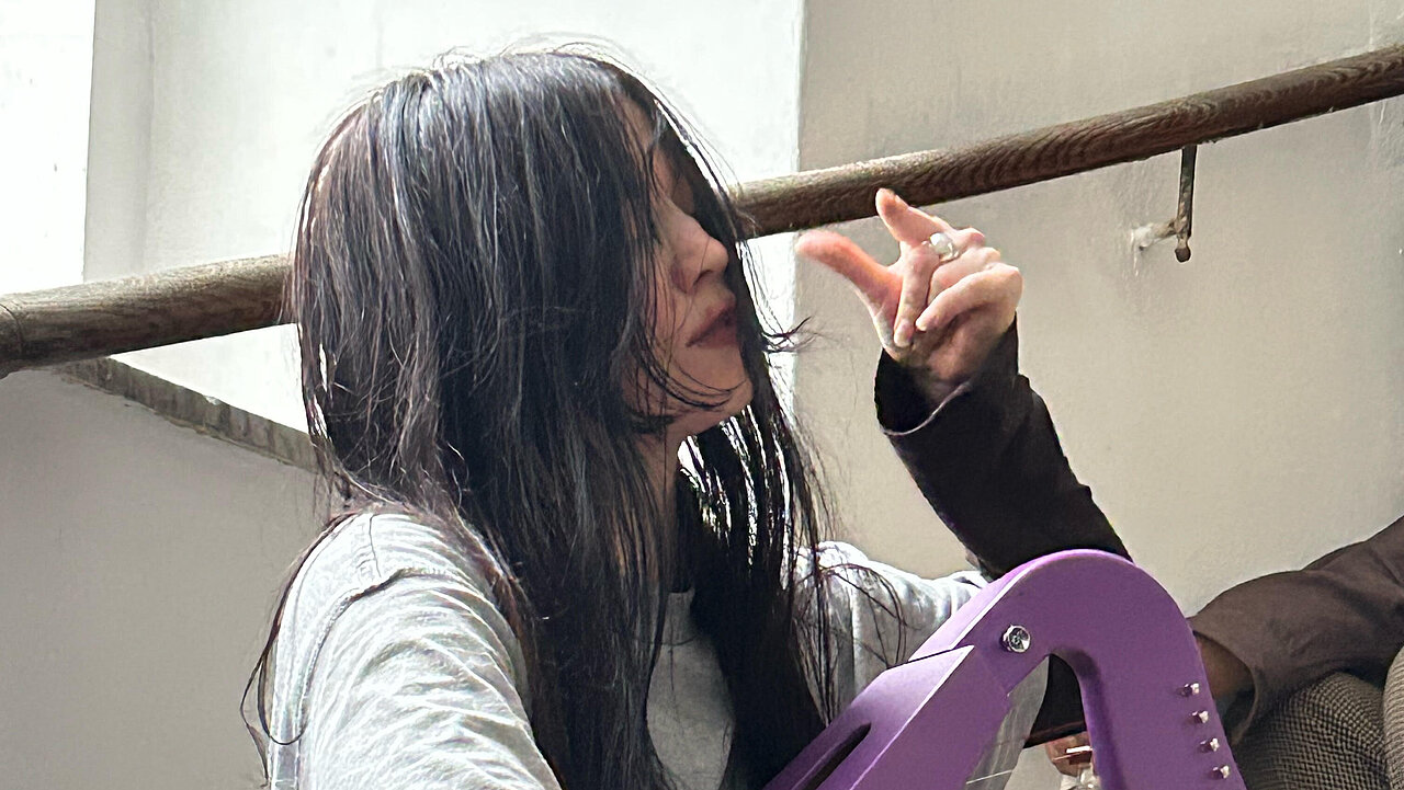 Camilla Schielin sitting in a staircase, with a purple harp