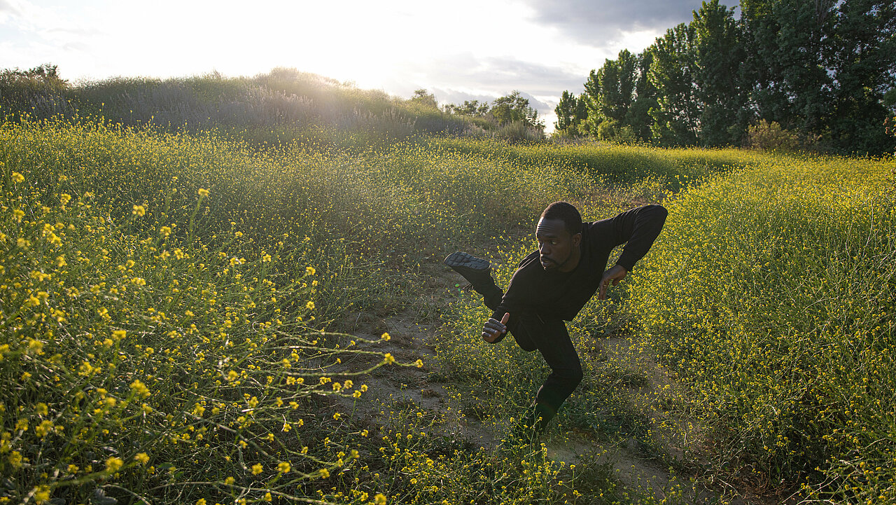 André M. Zachary standing on one leg, bent over in between wild yellow flowers.